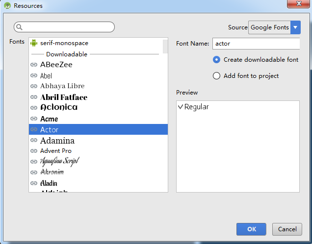 Select font from resources window